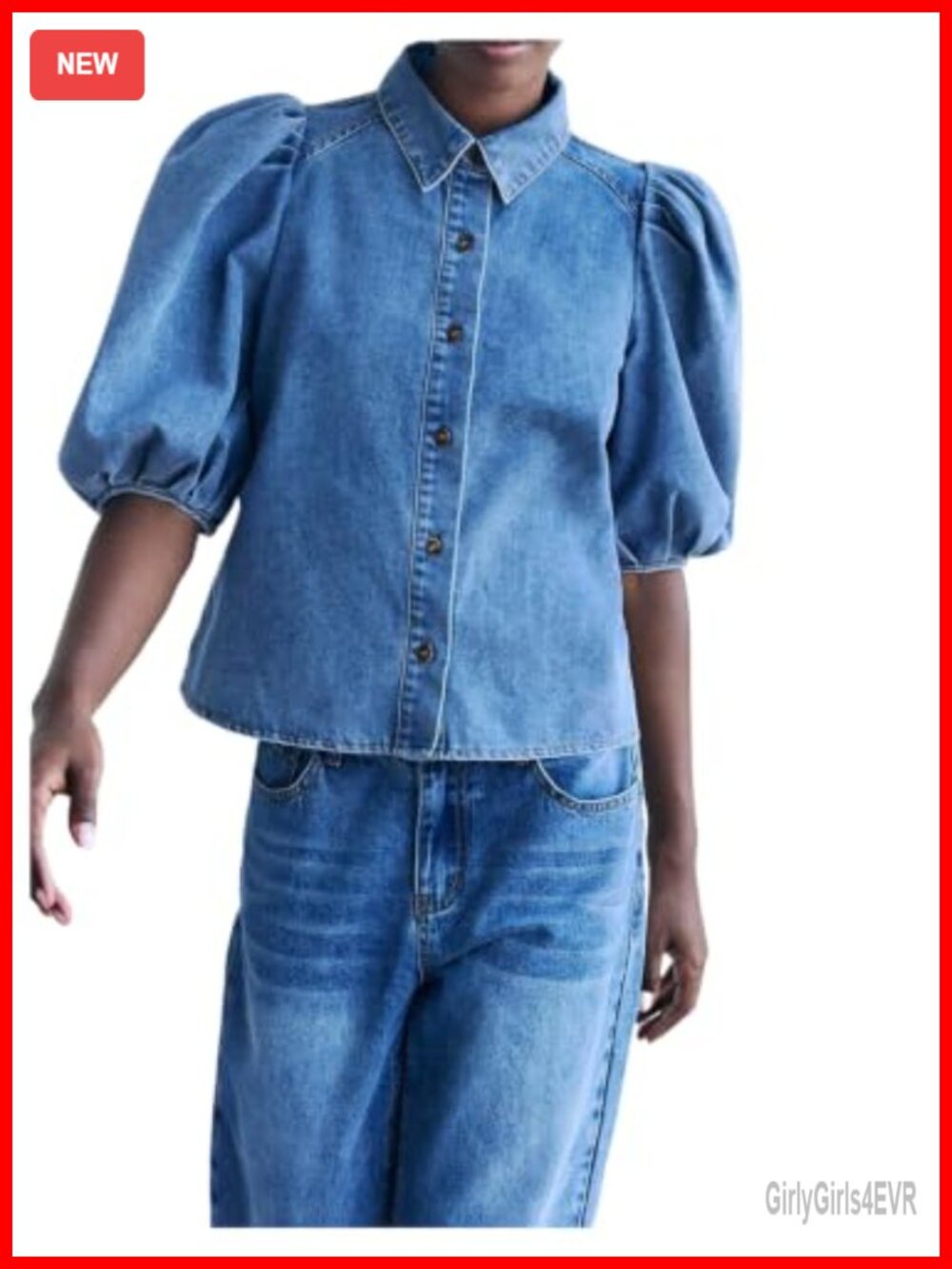 Women's Denim Button Down Blouse 3/4 Sleeve Collared Regular Fit Top